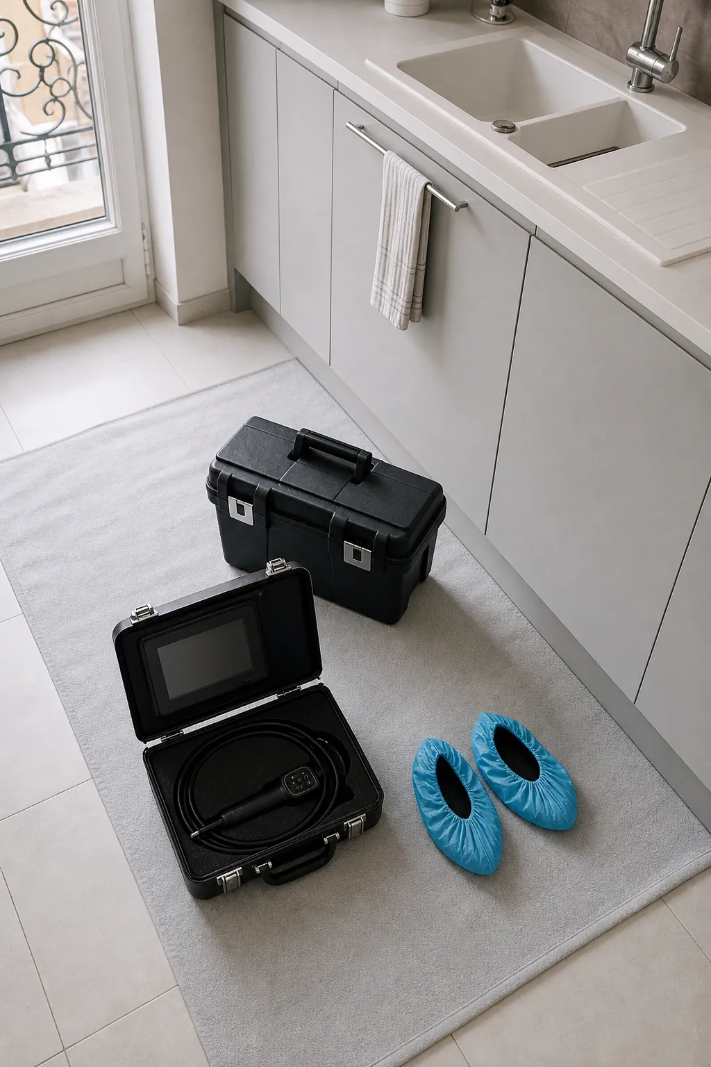 Matériel de débouchage et surchaussures de protection posés dans une salle de bain lyonnaise