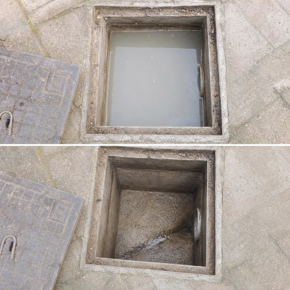 Regard de canalisation encrassé dans la cour d’un immeuble ancien lyonnais