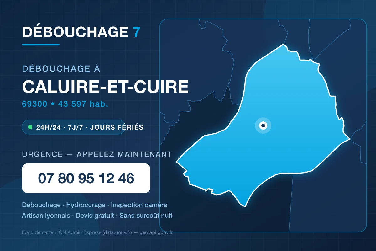 Carte de la commune de Caluire-et-Cuire avec les coordonnées de Débouchage 7 – 07 80 95 12 46