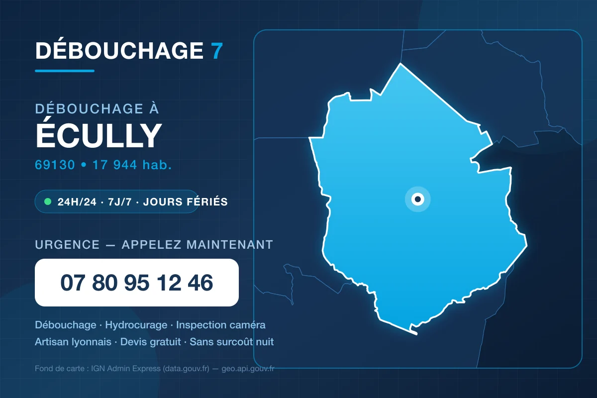 Carte de la commune de Écully avec les coordonnées de Débouchage 7 – 07 80 95 12 46