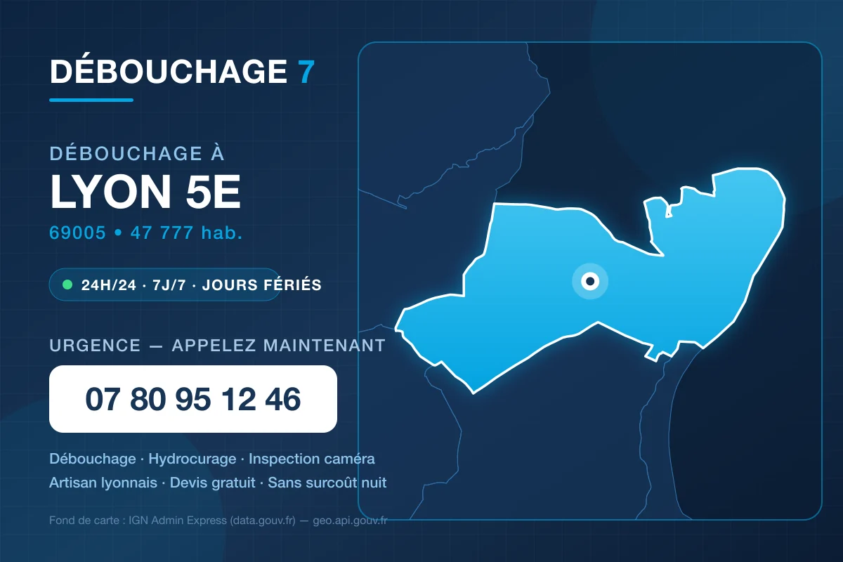 Carte de la commune de Lyon 5e avec les coordonnées de Débouchage 7 – 07 80 95 12 46