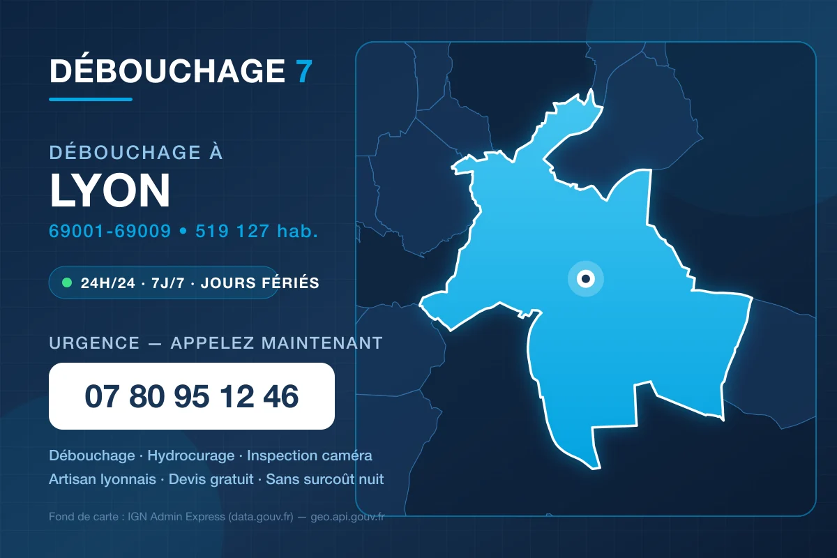 Carte de la commune de Lyon avec les coordonnées de Débouchage 7 – 07 80 95 12 46