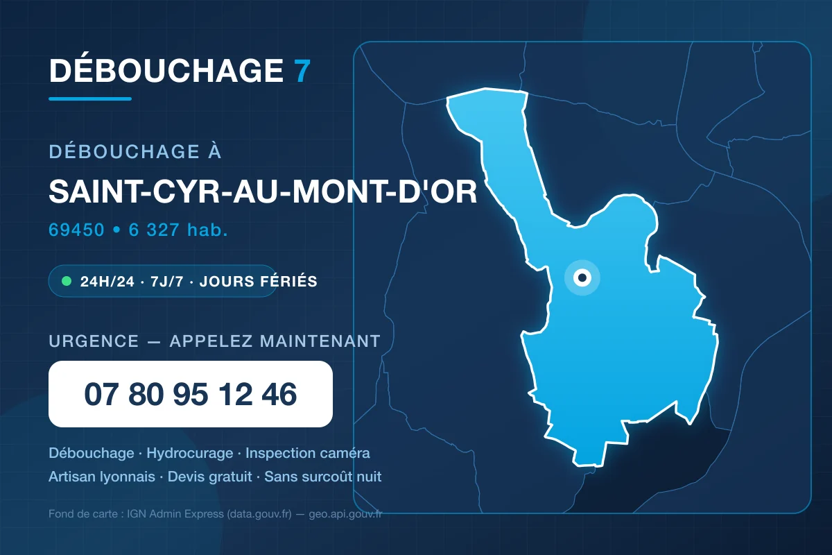 Carte de la commune de Saint-Cyr-au-Mont-d'Or avec les coordonnées de Débouchage 7 – 07 80 95 12 46