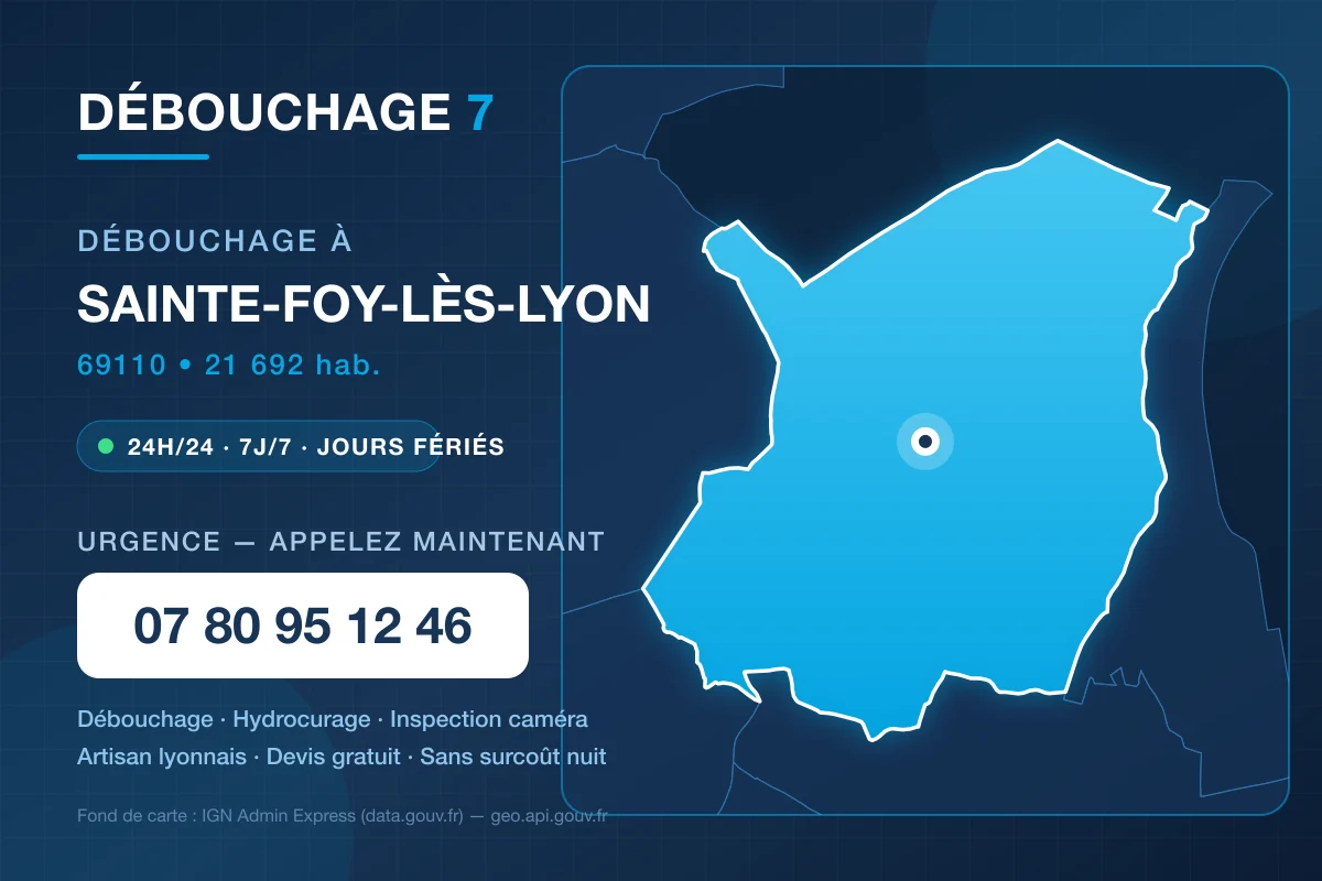 Carte de la commune de Sainte-Foy-lès-Lyon avec les coordonnées de Débouchage 7 – 07 80 95 12 46