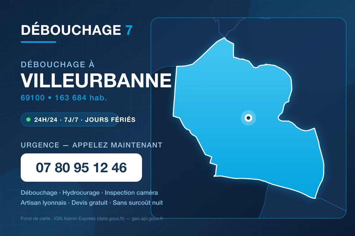 Carte de la commune de Villeurbanne avec les coordonnées de Débouchage 7 – 07 80 95 12 46
